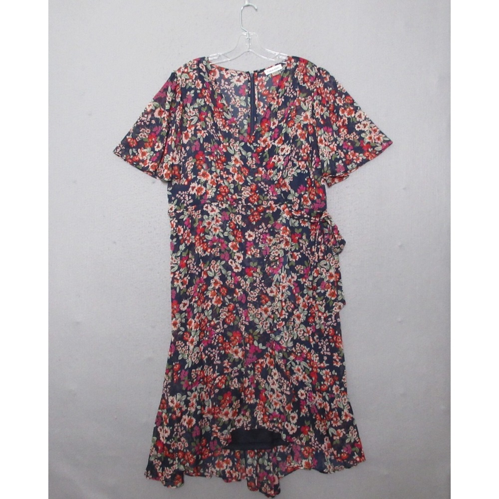 Calvin Klein Dress 14 Floral Ruffle Chiffon Flowy Belted Faux Wrap Romantic Boho